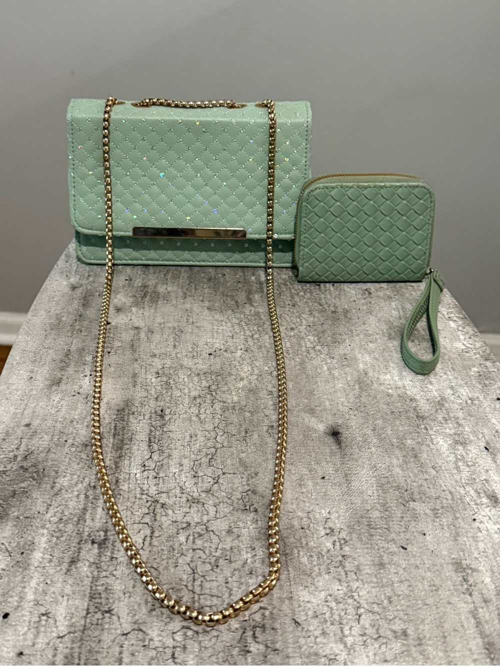Vintage OKPTA Y2K Mint Green Quilted Gold Venetian Chain Crossbody Bag/Wristlet
